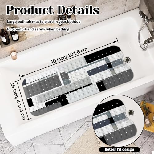 Black White Bath Tub Mat Non Slip, Modern Geometric Large Washable Shower Mats with Drain Holes and Suction Cups,40 X 16 Inch - color: Black White