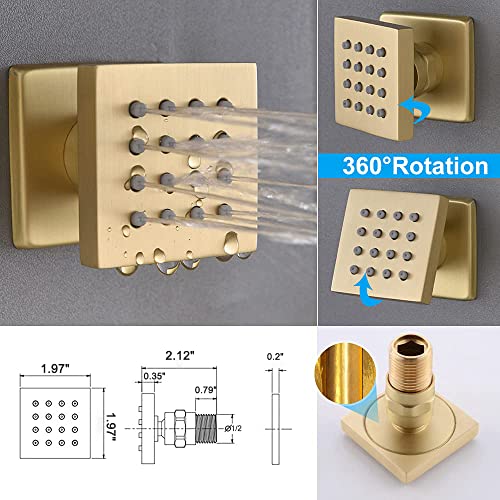 Enga Brushed Gold Rain Shower System with Body Jets, 12 inch Rain Shower Body Spray Jets System Ceiling Mounted Shower Faucet Set with 3-Function Brass Shower Valve - color: Brushed Gold, style: Ceiling Mount - 6 Jets
