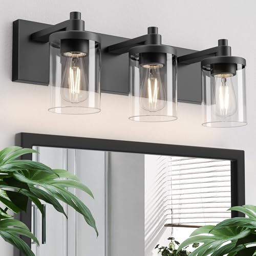 Bathroom Vanity Light, 3 Light Matte Black Vanity Light Fixture with Clear Glass Shade, 22 in Modern＆Farmhous Vanity Lights, Bathroom Light Fixtures Over Mirror for Bathrooms, Livingroom - color: Black with Round Glass, size: 3 Light