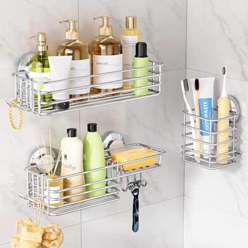 Shower Caddy Suction Cup, 3 Pack Heavy Duty Bathroom Organizer | Silver Soap Holder, Removable Bathroom Organizer With Hook, Rustproof Shower Storage - color: 3 X Silver