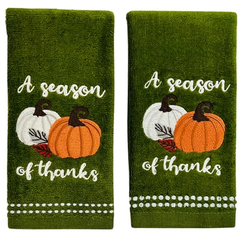Serafina Home Fall Fingertip Bathroom Towels Set of 2 Green 100% Cotton Embroidered “A Season of Thanks” Pumpkin Design – 12" x 18" Decorative Bath & Kitchen Towels - color: Season of Thanks