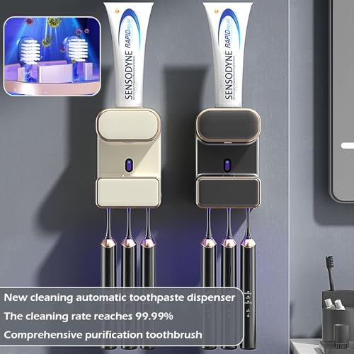 Automatic Toothpaste Dispenser, Electric Toothpaste Dispenser Multi-Function, Toothpaste Dispenser Wall Mounted with 3 Brush Slots, Toothbrush Organizer and Holder for Bathroom (Black) - color: Black