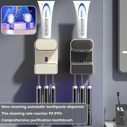 Automatic Toothpaste Dispenser, Electric Toothpaste Dispenser Multi-Function, Toothpaste Dispenser Wall Mounted with 3 Brush Slots, Toothbrush Organizer and Holder for Bathroom (Black) - color: Black