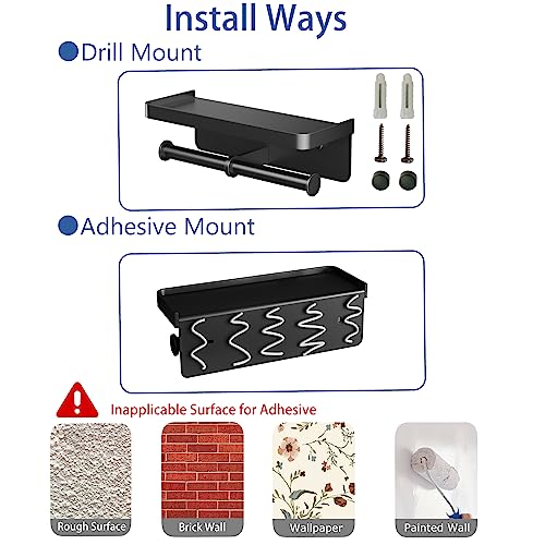 Double Toilet Paper Holder with Shelf, Commercial Toilet Paper Towel Holder Wall Mount, Tissue Roll Holder for Bathroom Kitchen RV, Double Tissue Roll Rack with Adhesive & Screw (Matte Black) - color: Black-twoside