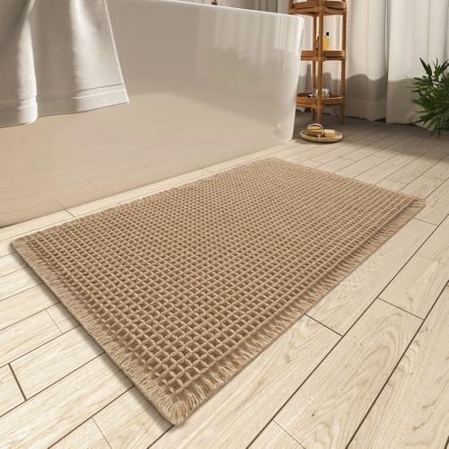 AMOAMI Upgraded Waffle Bath Mat, Super Absorbent Non Slip Bath Mats for Bathroom Floor, Machine Washable Bathroom Rugs with Tassels, Rubber Backed Bathroom Mat, Ultra Soft, Brown, 24" x 36" - color: Brown, size: 2' x 3' (Rectangular)