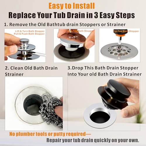 Tub Drain, 2 in 1 Pop-up Bathtub Plug with Hair Catcher | Easy Installation Bath Drain Stopper with Strainer, MATT Black - color: Matt Black
