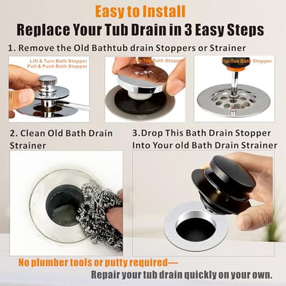 Tub Drain, 2 in 1 Pop-up Bathtub Plug with Hair Catcher | Easy Installation Bath Drain Stopper with Strainer, MATT Black - color: Matt Black