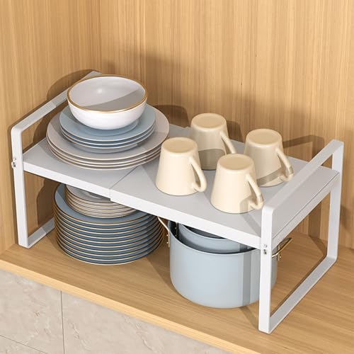 Expandable Cabinet Shelf, Lengths Adjustable Shelf Organizer Riser, Metal Space-Saving Cupboard Organizers for Kitchen Cabinet Pantry Cupboard Under Sink Countertop, White - color: White