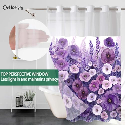 Purple Floral No Hook Shower Curtain with Snap in Liner- Elegant Flowers Oil Painting Shower Curtains for Bathroom- Fabric Inner Liner, Boho Bath Curtains- Machine Washable, 71 x 74 - color: Purple Floral