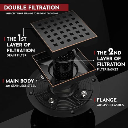 4 Inch Square Shower Drain Bronze Floor Drain with Flange Square Holes Pattern Cover Grate Removable SUS304 Stainless Steel Watermark&CUPC Certified Oil Rubbed Bronze - color: Oil Rubbed Bronze, size: 4 Inch