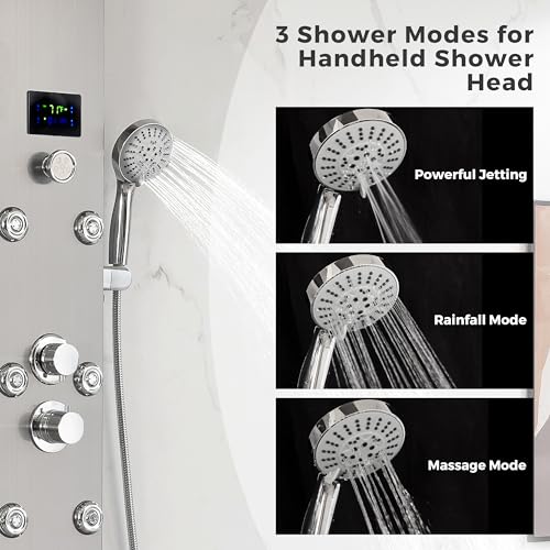 DELAVIN LED Stainless Steel Shower Tower, 5-Function Shower Panel Tower | Temperature Display, Rainfall Waterfall Shower, Massage Jets, Tub Spout, for Renovation, New Builds, Rentals & Contractors - style: 8 Body Jets With LED