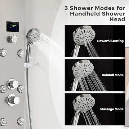 DELAVIN LED Stainless Steel Shower Tower, 5-Function Shower Panel Tower | Temperature Display, Rainfall Waterfall Shower, Massage Jets, Tub Spout, for Renovation, New Builds, Rentals & Contractors - style: 8 Body Jets With LED