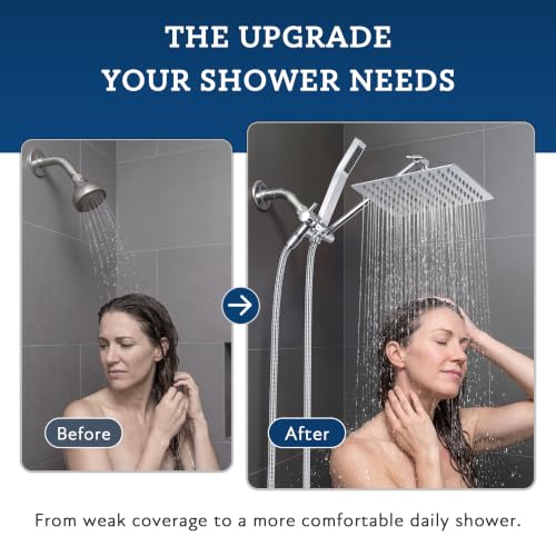 G-Promise All Metal 10" Dual Square Shower Head Combo | Rain Shower Head | Handheld Shower Wand | Adjustable | Smooth 3-Way Diverter | 71" Extra Long Hose - A Bathroom Upgrade (Chrome) | Built to Last, Easy Install, Adjustable Height & Angle for All Heigh