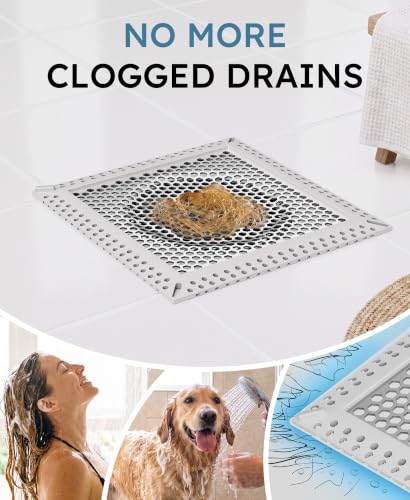 Square Shower Drain Hair Catcher, Efficient Drainage, Gray, 6 inch | 304 Stainless Steel and TPE Material/ Stays in Place / Easy Clean / Anti-Clogging / Fits Bathroom Hair Catcher for Shower - color: Gray, size: 6 inch