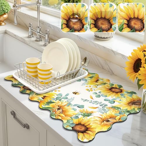 LOKHOM Scalloped Floral Dish Drying Mat, 12"x20" Coffee Mat Sunflowers | Yellow Watercolor, Super Absorbent, Cuttable, Hide Stain, Non-slip Drying Mat, For Kitchen Counter Coffee Espresso Machine - color: Sunflower, size: 12" x 20"