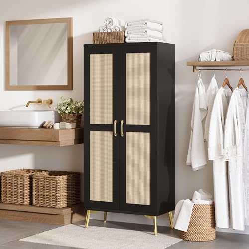 JASIWAY Tall Bathroom Storage Cabinet 57" Rattan Pantry Cabinet, Black | With Doors and Adjustable Shelves, Freestanding Linen Closet & Wardrobe for Bathroom Laundry Bedroom, Anti-Tipping Device - color: Black, size: 57" Tall Storage Cabinet