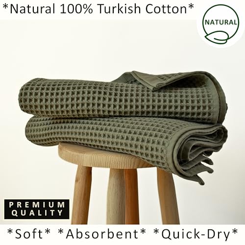 PÜSKÜL Natural 100% Turkish Cotton Waffle Bath Towels Set of 2, Extra-Large | Khaki Green, Oversize 32x63" Bath sheet towel for bathroom & beach. Honeycomb-Waffle weave, Premium oeko-tex made in Turkey. - color: Khaki Green, size: Bath Towels - Pack of 2