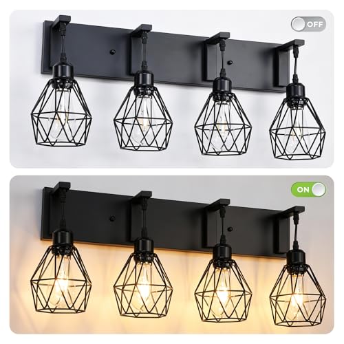Somniferous 4 Light Bathroom Vanity Light, Farmhouse Bathroom Light Fixtures Over Mirror, Black Vanity Light with Caged Metal Shade, Rustic Wall Light Fixture for Bedroom, Living Room, E26 Socket - size: 4-Light