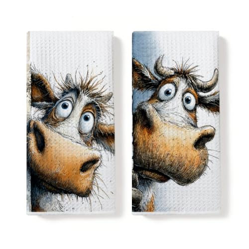 2 Pcs Funny Cow Kitchen Towels, Cow Gifts Reusable Hand Towel | Cow Decorative Waffle Dish Towels for Kitchen Home Bathroom Decor, Animal Cow Gifts for Women Girls Mom 14x24 Inch - color: Multi 0786