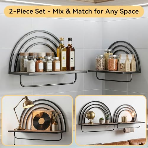 Oakrain Black Wall Shelf with Arched Metal Frame, Set of 2, 13"&16" | Rustic Wood Floating Shelves, Farmhouse Towel Rack for Bathroom, Entryway, Living Room, Bedroom - color: Black