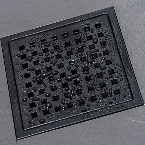RANDOM Square Shower Drain 6 Inch Matte Black Stainless Steel Shower Floor Drain Kit with Adjustable PVC Base Flange, Removable Grid Grate, Hair Strainer - color: C-matte Black-6″ Square With Base Flange