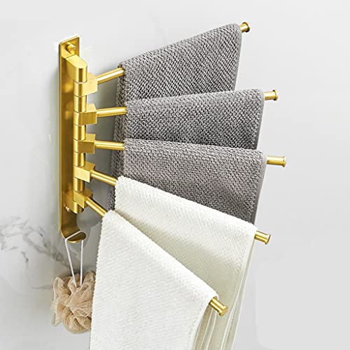 ZHOUXIAO Gold Swing Out Towel Bar Holder/Gold Finish Swivel Multiple Towel Rack for Bathroom or Kitchen, Metal Towel Bar Folding Arm Swivel Hanger Bathroom Storage Wall Mount 5Bars