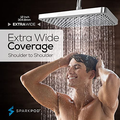 SparkPod 12 Inch Rectangle Rain Shower Head - Ceiling or Wall Mount Rainfall Shower Head - Large Coverage Showerhead - Brass Ball Joint with 360° Adjustment - 1-Min Install (Luxury Polished Chrome) - color: 1 - Luxury Polished Chrome 12 Inch Rectangle, st