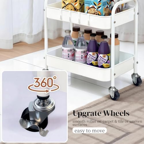 Under Desk Storage Cart 2 Tier Utility Rolling Cart with Wheels, Small Metal Mobile Trolley with Handle Two Tiered Utility Organizer Roller for Kitchen Office Bathroom Pantry Room, White - color: White