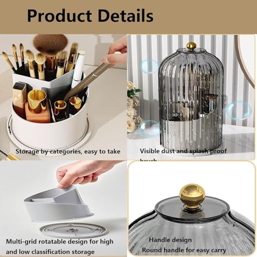 Concealed Toothbrush Holder, Makeup Brush Holder Organizer with Lid 360 Rotating Clear Dustproof for Dresser Tabletop Bathroom Countertop (Gray-C) - color: Gray-c