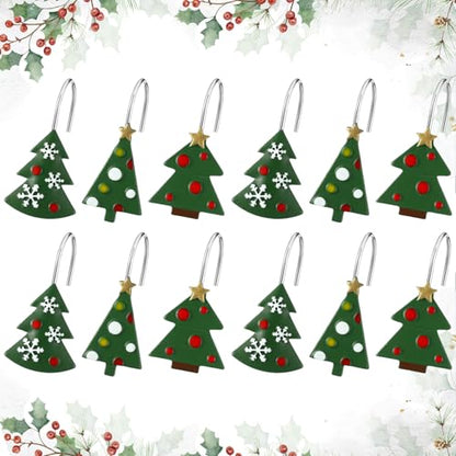 Colingmill 12 Pcs Christmas Tree Shower Curtain Hooks Christmas Tree Shower Curtain Hooks Xmas Bathroom Rust Resistant Decor Rings for Holiday Winter Bathroom Bedroom Farmhouse Decorations - style: Tree