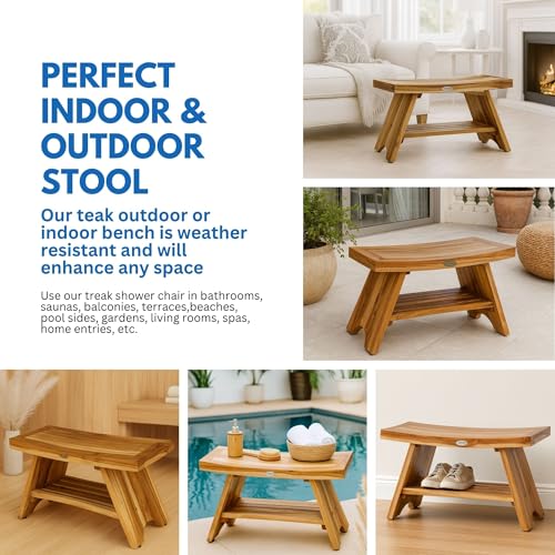 EcoDecors Serenity 30-Inch Teak Shower Bench with Shelf, 300 lb | Spa-style teak bath seat features elegant wood grain and timeless design for a stylish, functional bathroom upgrade - size: 30" shelf
