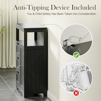 ZenStyle Bathroom Floor Cabinet, Storage Organizer with 3 Drawers and 1 Door, Free Standing Entryway Cupboard for Home Office (Black)