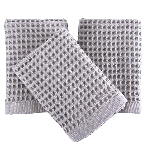 PÜSKÜL Natural 100% Turkish Cotton Waffle Hand and Kitchen Towels Set of 3 | Light Gray, Large 32x16 inc, Honeycomb-Waffle weave towel for bathroom & kitchen. Premium quality oeko-tex made in Turkey. - color: Gray, size: Kitchen & Hand Towels Pack of 3