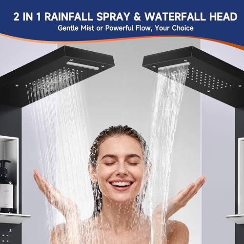 Shower Panel System, Multi-Function Shower Tower With 4 Body Spray, 5 Handheld Settings, Shelf & Adjustable Height, Rainfall + Waterfall Shower Head