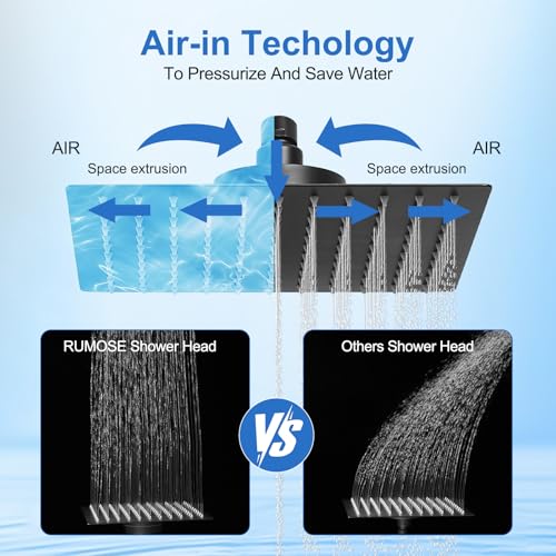 RUMOSE Shower Faucet Set Matte Black Rain Shower Head and Handle Set for Tub 8 Inch Rainfall Shower System with Filter for Hard Water Single Function Trim Kit with Rough-in Valve Stainless Steel
