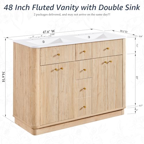 T4TREAM 48" Fluted Bathroom Vanity with Double Sink, Natural Oak | Integrated Resin Sink, 2 Large Storage Cabinets, Adjustable Shelf, 2 Drawers, Three pre-drilled faucet holes, Mid-Century - color: Natural Oak, size: 48" (Bouble Sink)