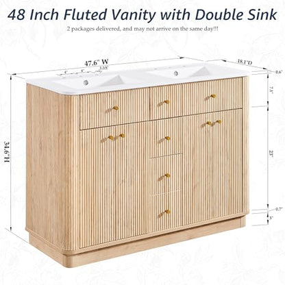 T4TREAM 48" Fluted Bathroom Vanity with Double Sink, Natural Oak | Integrated Resin Sink, 2 Large Storage Cabinets, Adjustable Shelf, 2 Drawers, Three pre-drilled faucet holes, Mid-Century - color: Natural Oak, size: 48" (Bouble Sink)