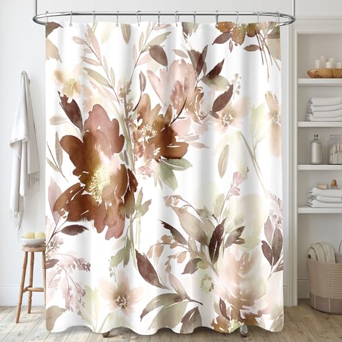 MAYZUS Brown Watercolor Floral Shower Curtain 60x72 for Bathroom | Modern Abstract Ink Decorative Fabric Shower Curtain Set with Hooks - color: Brown, size: 60"W x 72"L (Pack of 1)