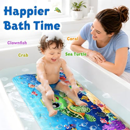 Baby Bath Mat for Tub Non Slip Kids Bath Mat - 40''x16'' Extra Long Cartoon Turtle Baby Bath Tub Mat Eco-Friendly Toddler Bath Mats with Suction Cups & Drain Holes, Easy to Clean & Easy Drying - color: A-small Turtle