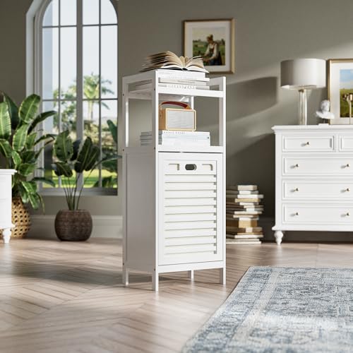HITNET Bamboo Tilt Out Hamper, 10 Gal Bathroom Laundry Cabinet with Hidden Foldable Basket, Freestanding Clothes Storage Organizer with Storage Shelf, White - color: White