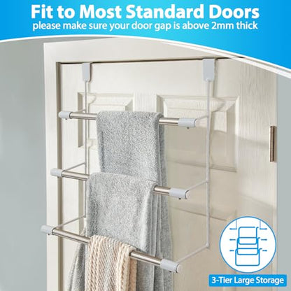 Over The Door Towel Racks for Bathroom, No-Drill Behind Door Organizer, 3-Tier Metal Towel Holder, Glass Shower Room Door Hanger Towel Bar for Hanging, Drying, Renter Friendly Space Saver, Anti-Rust
