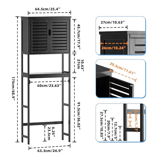 SMIBUY Bathroom Over The Toilet Storage Cabinet, 2 Door Bamboo Cabinet Organizer, Freestanding Space Saver Toilet Rack with Adjustable Inside Shelf and Open Shelf (Black) - color: Black