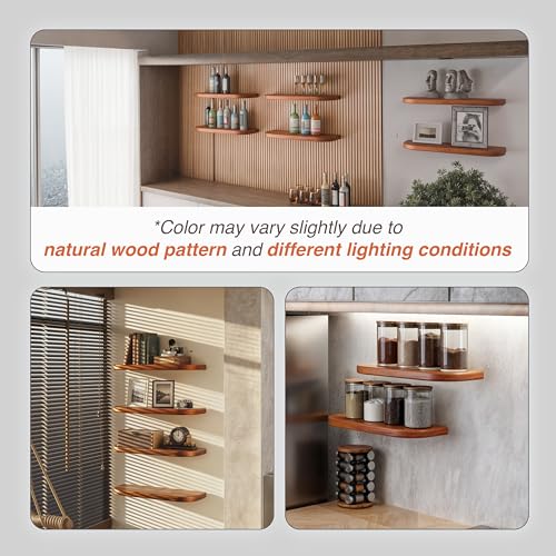 BATODA 17" Acacia Wood Floating Shelves Wall Mounted (Round Edge) – Rustic Farmhouse Wooden Wall Storage Shelf for Bedroom, Kitchen - Brackets and Shelving Hardware Included (Acacia Color) | Safe Round Edges, 100 lb Capacity, Hidden Brackets, Complete Har