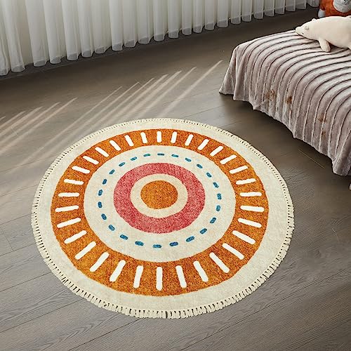 Lukinbox Boho Round Rug - 4Ft Sun Washable Rugs for Bedroom, Soft Non-Slip Circle Living Room Rugs, Colorful Rainbow Circular Throw Rug Area Carpets for Kids Room Playroom Nursery Dinning Room - size: 3'11" (Round)