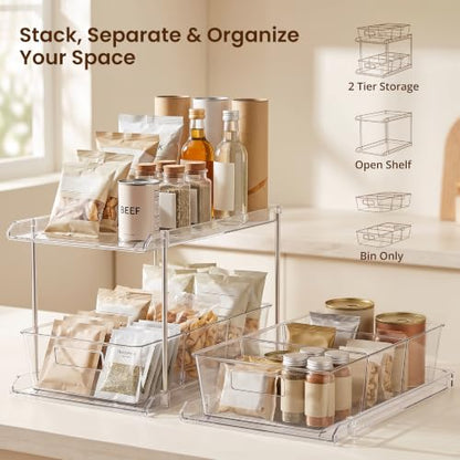 Bathroom Under Sink Organizers and Storage, 2 Tier, 2 Packs | Clear Vanity Countertop Pull-out Cabinet Organizer, Stackable Multi-Purpose Kitchen Pantry Organization with Dividers