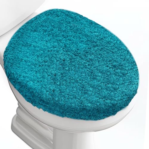 Soft Microfiber Toilet Lid Cover 17.5" x 15" Machine Washable | Solid Toilet Seat Cover Adjustable Rubber Backing Fits Most 16 -17.5" L x 14-16" W Round Oblong and Elongated Toilet Seat - color: Teal