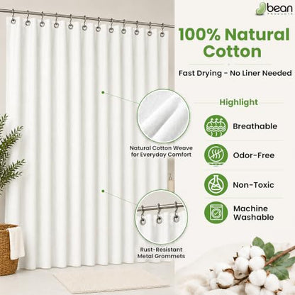 Bean Products White Cotton Bathtub Shower Curtain Liner- 70x74 - color: White, size: 70"W x 74"L (Pack of 1)