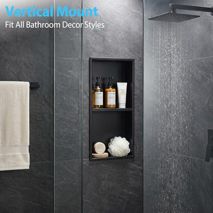304 Stainless Steel Shower Niche 12” x 24” for Bathroom Storage | Matte Black Recessed Shower Niche No Tile Needed with 2-Tier Shelves for Bathroom Space Saving - size: 12 x 24 inch