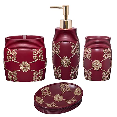 Zahari Home 4pc Elegant Rose Burgundy Bathroom Set Classic Bathroom Lotion Dispenser, Tumbler, Toothbrush Case and Bar Soap Holder Modern Uunique Design Burgundy Red Bathroom Accessories - color: Elegant Rose, style: 4 Piece Set