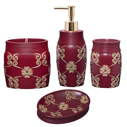 Zahari Home 4pc Elegant Rose Burgundy Bathroom Set Classic Bathroom Lotion Dispenser, Tumbler, Toothbrush Case and Bar Soap Holder Modern Uunique Design Burgundy Red Bathroom Accessories - color: Elegant Rose, style: 4 Piece Set